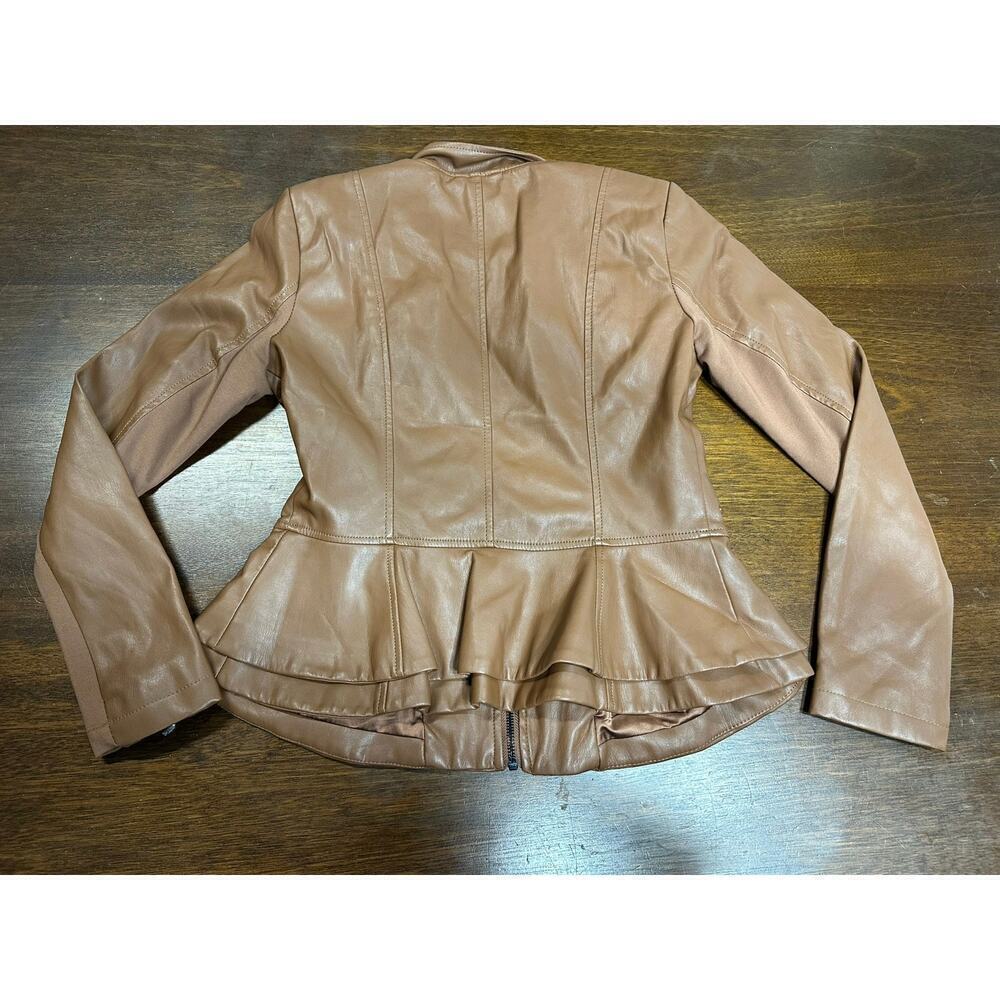 Gili Vegan Faux Leather Jacket Women 4 Brown Feminine Moto Biker Tired Cowgirl - Picture 11 of 12